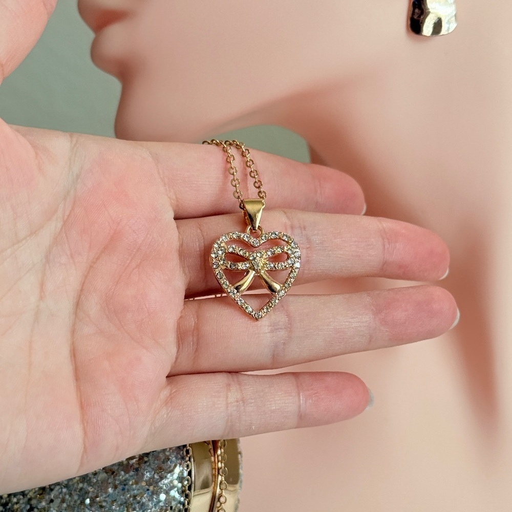 Gold Heart Pendant Necklace with Crystal Accents - Picture 6 of 7
